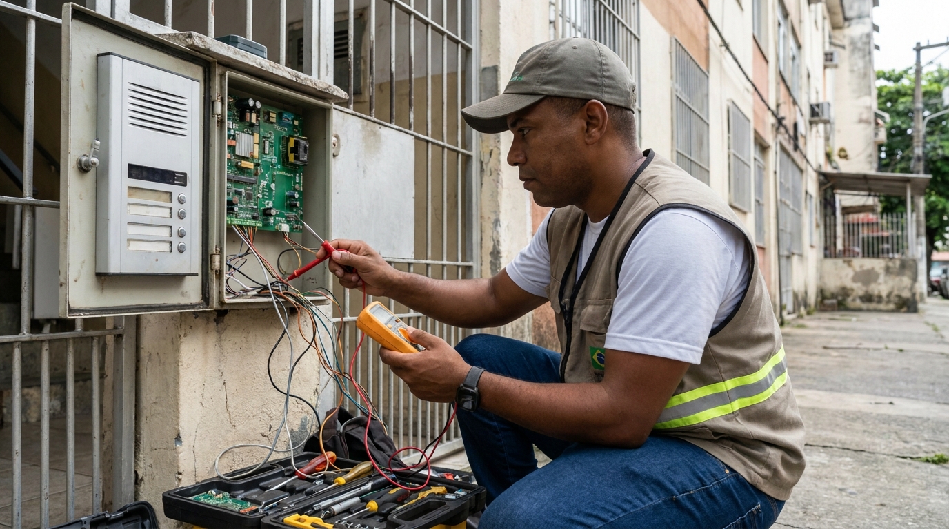 Eletricista consertando interfone em Maringá‑PR