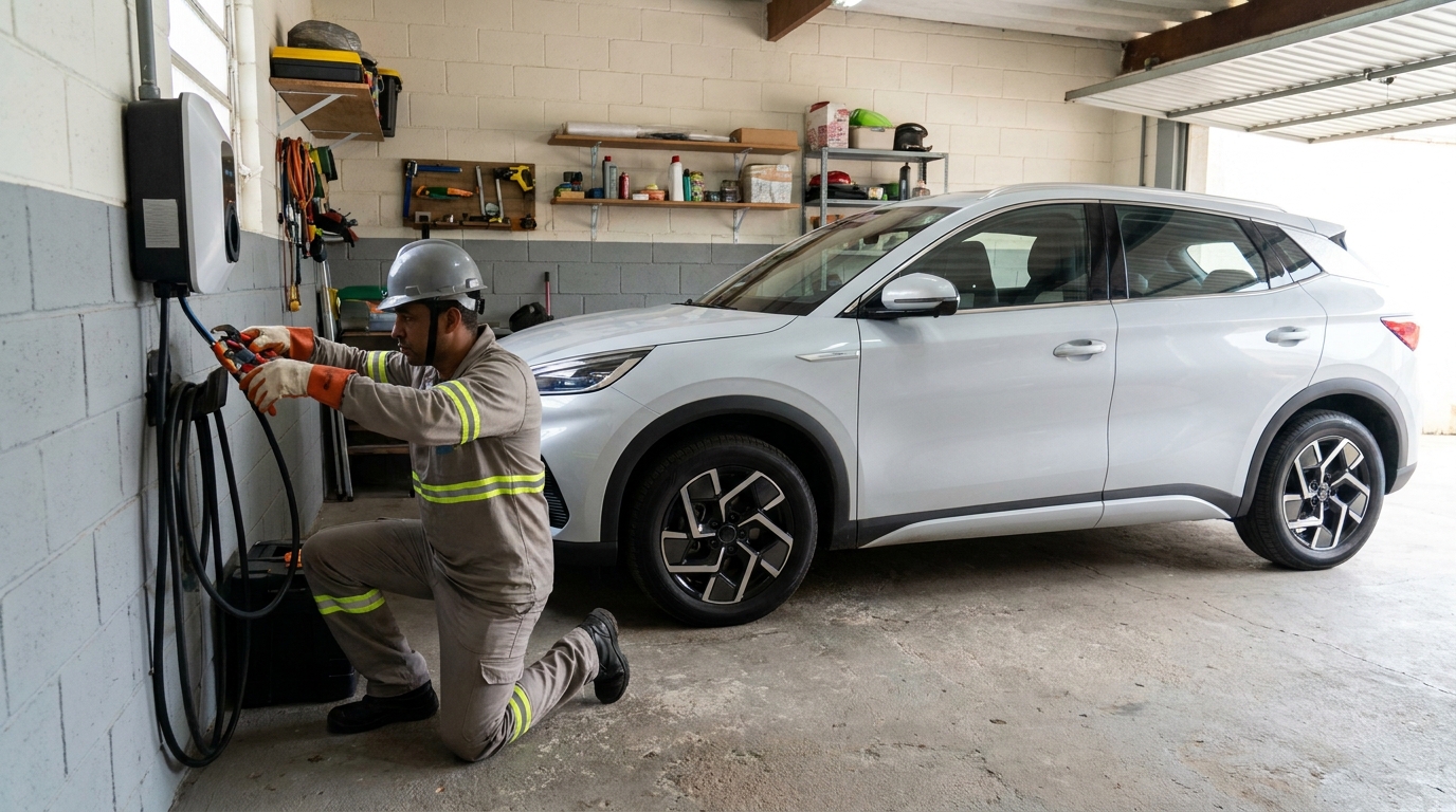 Eletricista instalando carregador de carro eletrico em Maringá‑PR