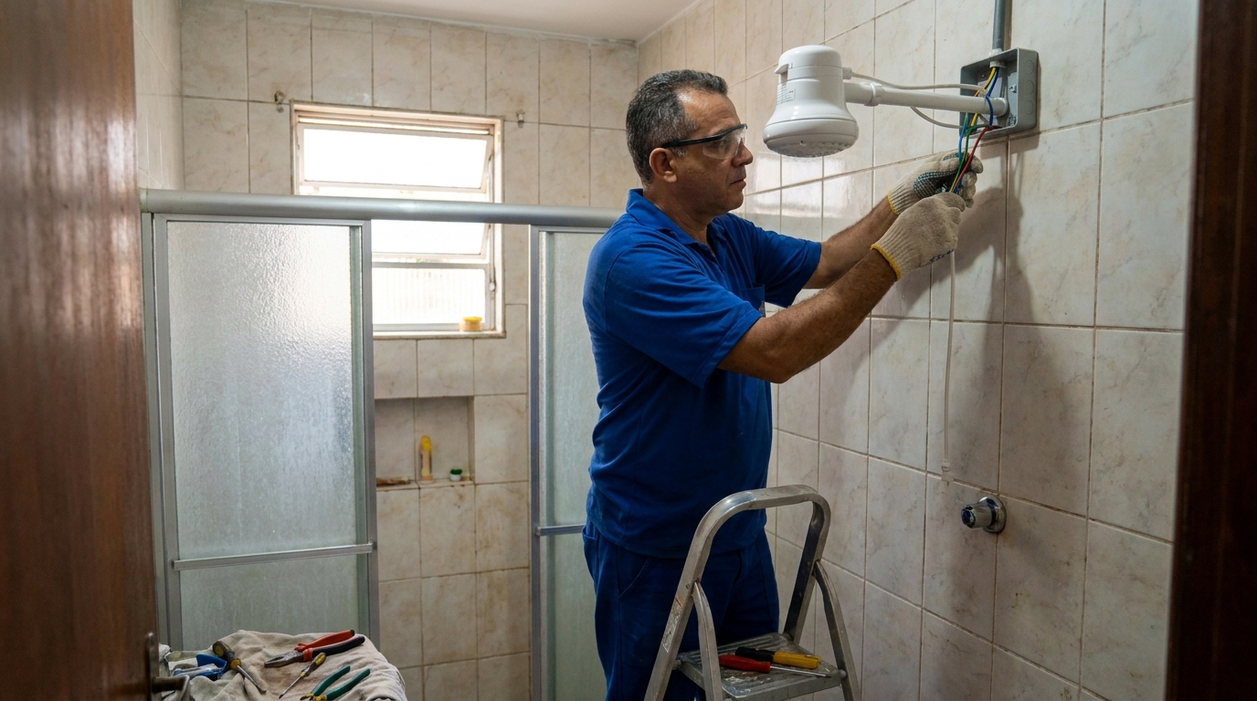 Eletricista instalando chuveiro eletrico em Maringá‑PR