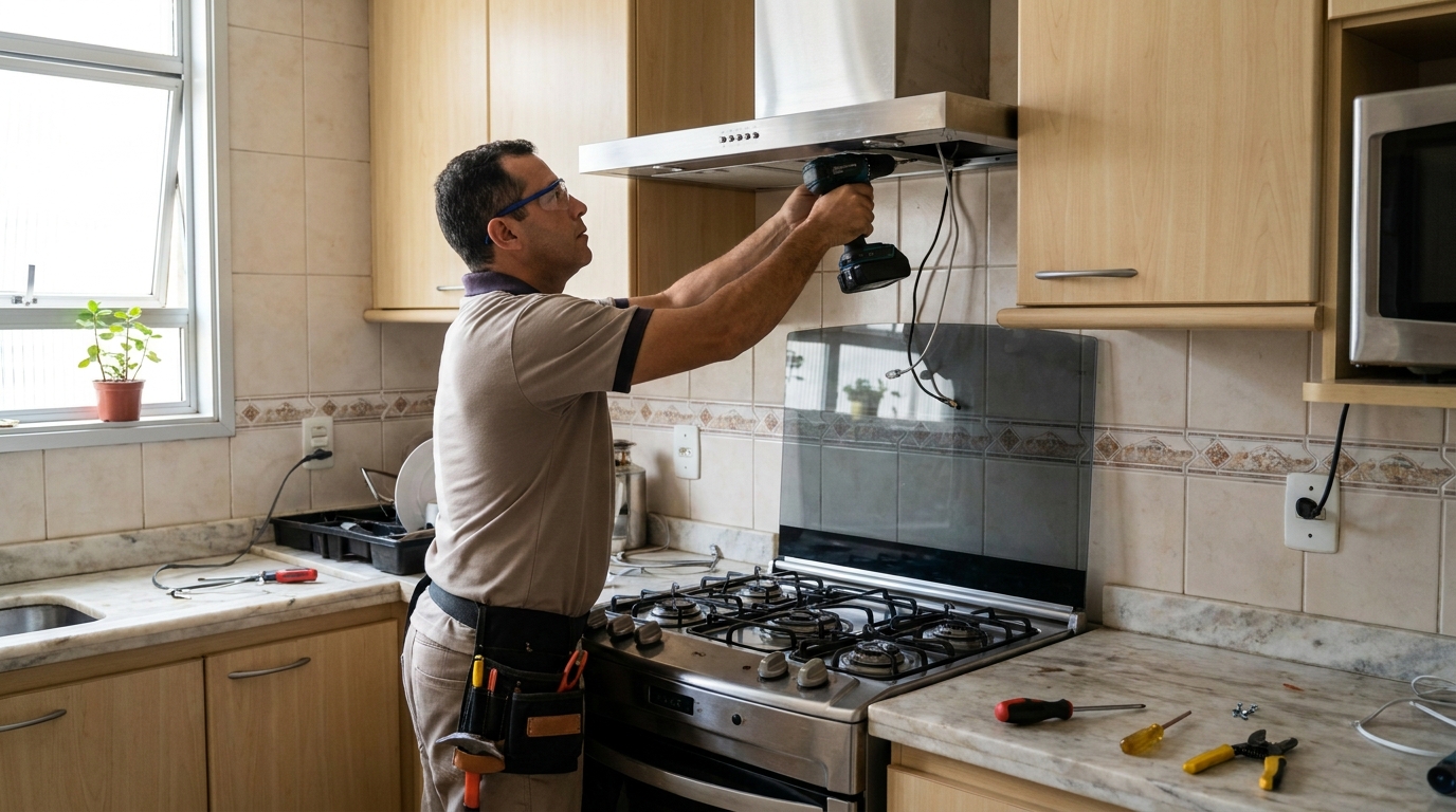 Eletricista instalando coifa em Maringá‑PR
