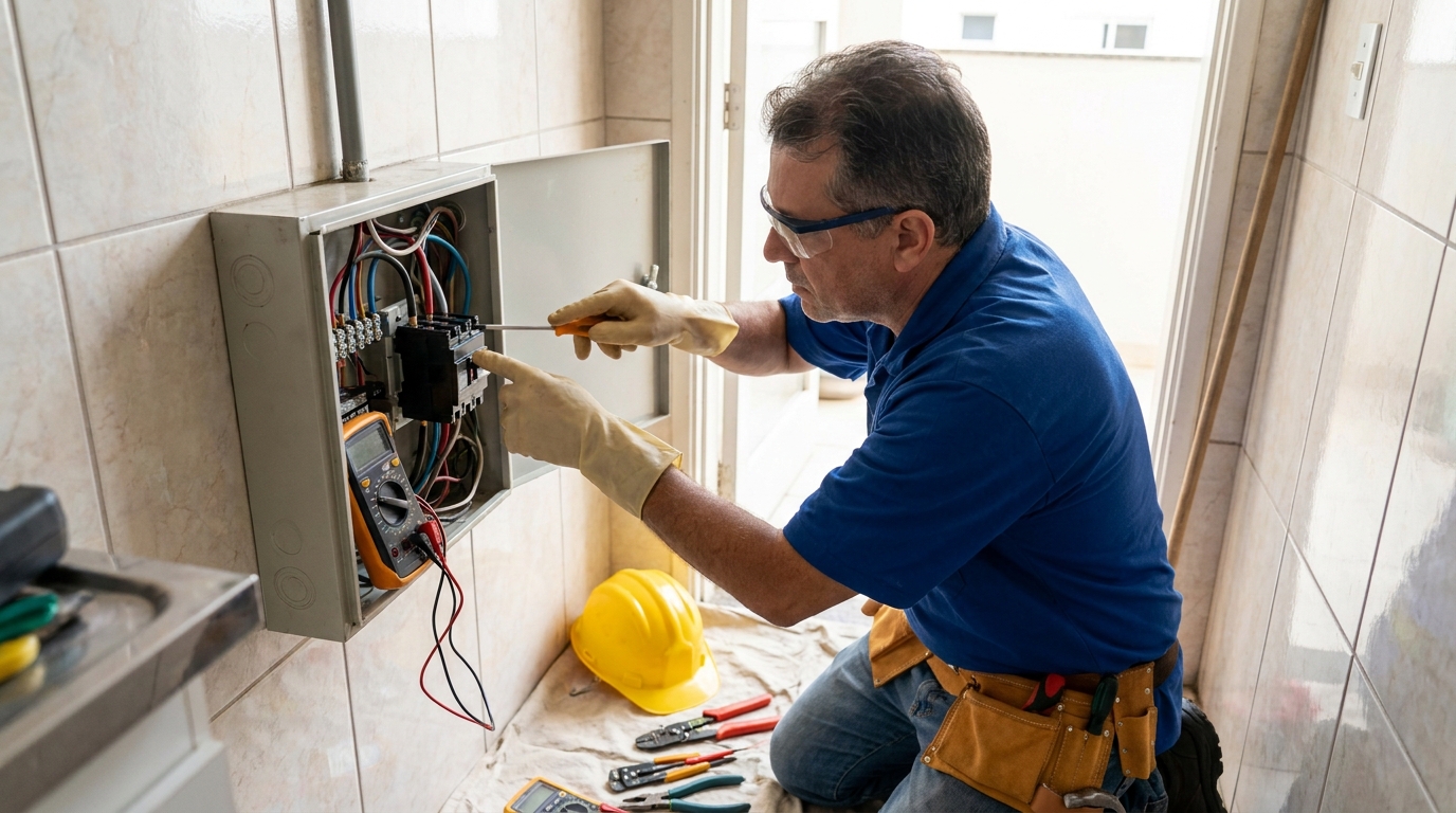 Eletricista instalando disjuntor em Maringá‑PR