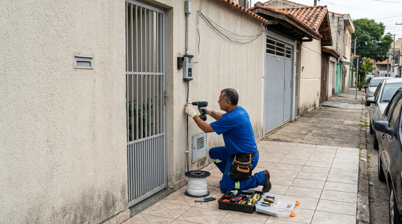 Eletricista instalando interfone em Maringá‑PR