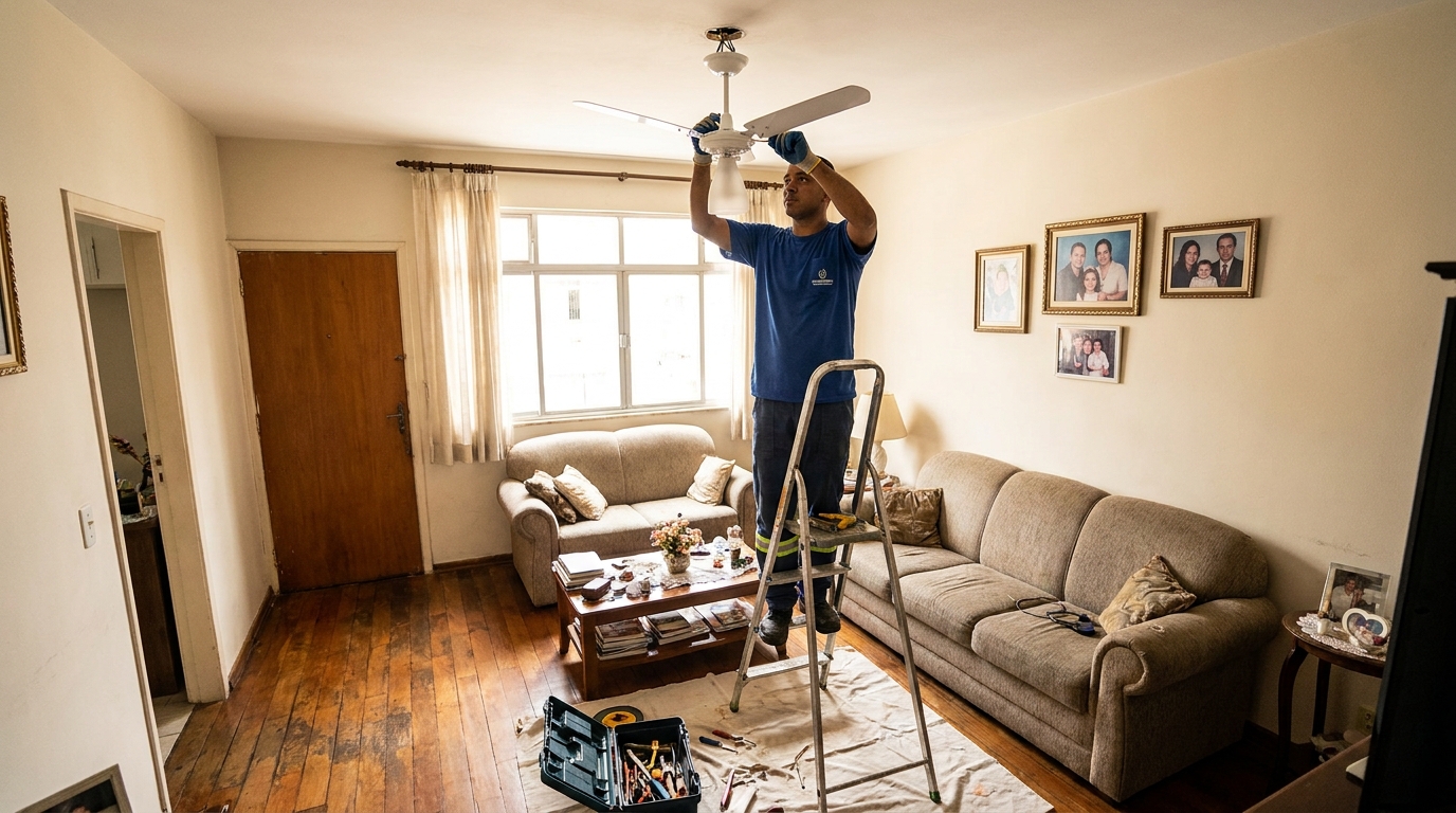 Eletricista instalando ventilador de teto em Maringá‑PR